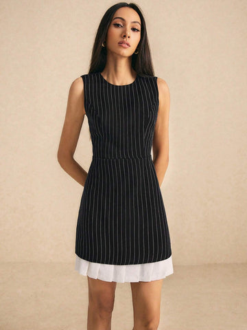 Poéselle Women's Round Neck Sleeveless Striped Patchwork Minimalist Short Dress