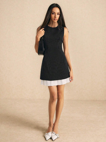 Poéselle Women's Round Neck Sleeveless Striped Patchwork Minimalist Short Dress