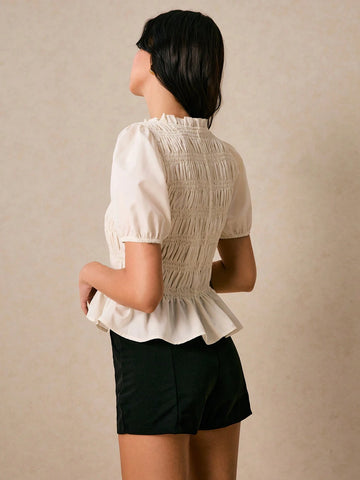 Women's Shirts Pleated Shirts Waisted Ruffles Apricot Shirts Cute Shirts