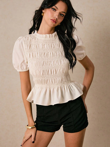 Women's Shirts Pleated Shirts Waisted Ruffles Apricot Shirts Cute Shirts