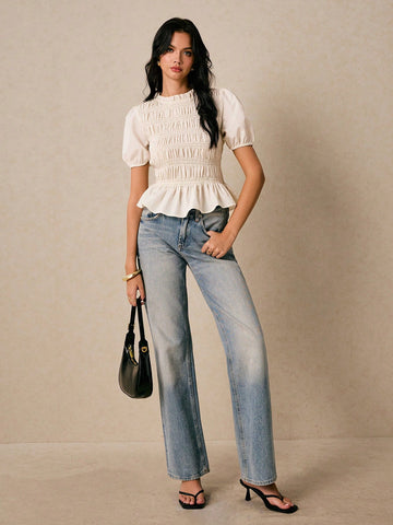 Women's Shirts Pleated Shirts Waisted Ruffles Apricot Shirts Cute Shirts