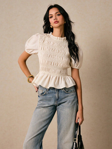 Women's Shirts Pleated Shirts Waisted Ruffles Apricot Shirts Cute Shirts