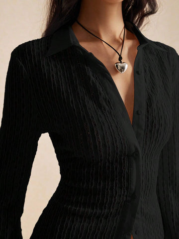 Women's Skinny Muscle Buttoned Long Sleeve Shirt, Long Sleeve Collared Shirt