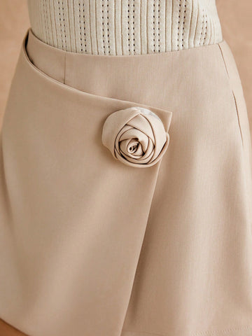 Poéselle Women's Solid Color Applique Cross Wrap Elegant Commuter Shorts