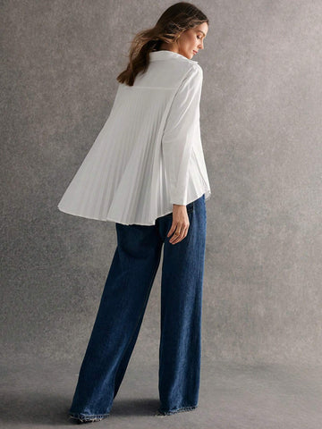 Women's Solid Color Front Button Pleated Elegant Long Sleeve Blouse,2024 AW, Winter Clothes