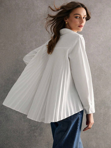Women's Solid Color Front Button Pleated Elegant Long Sleeve Blouse,2024 AW, Winter Clothes