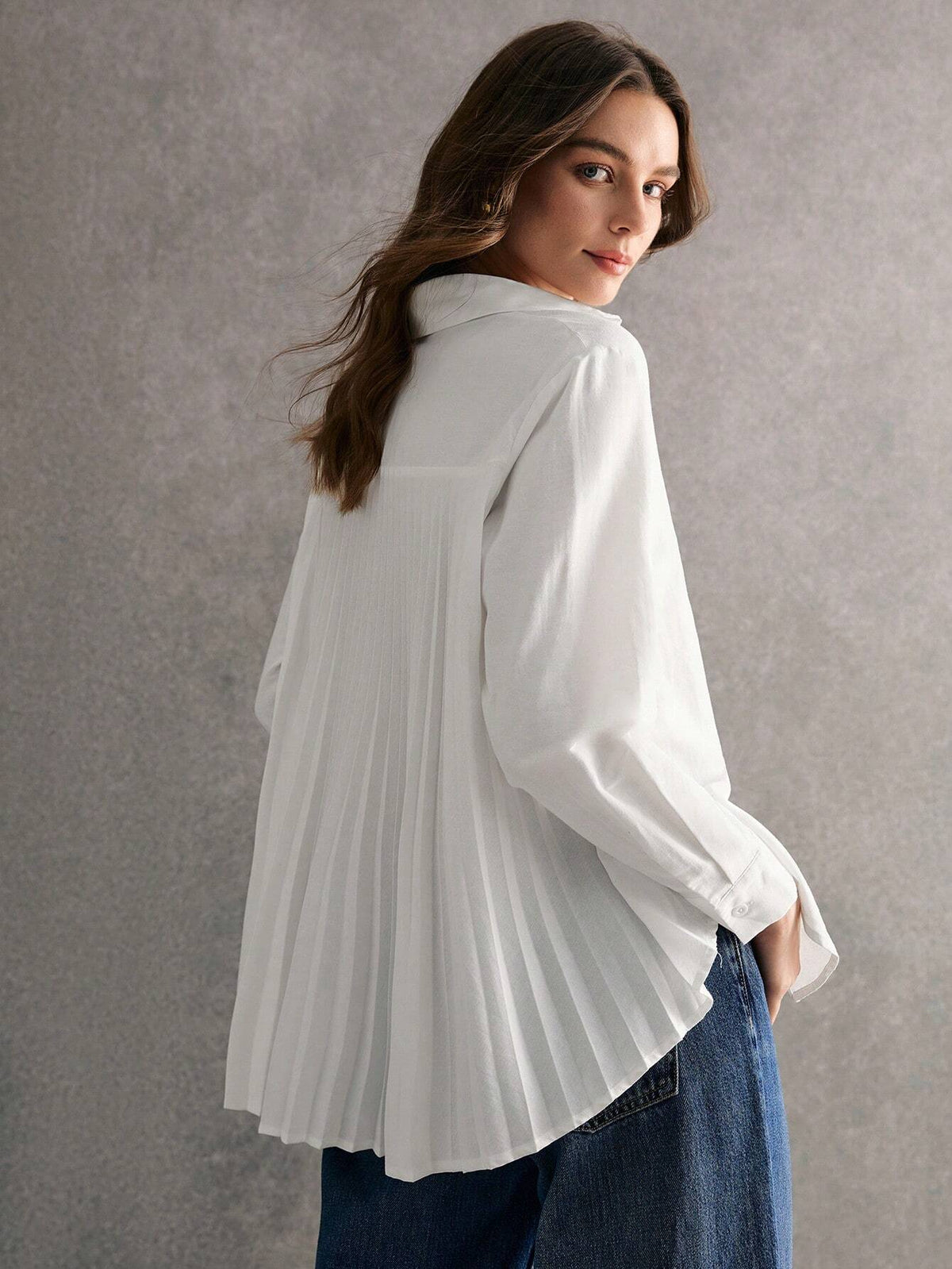 Women's Solid Color Front Button Pleated Elegant Long Sleeve Blouse,2024 AW, Winter Clothes