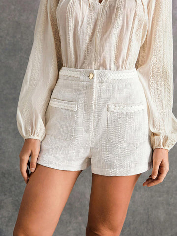 Poéselle Women's Solid Color Front Button Pocket Casual High Waist Slimming Shorts