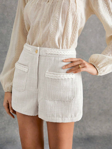 Poéselle Women's Solid Color Front Button Pocket Casual High Waist Slimming Shorts