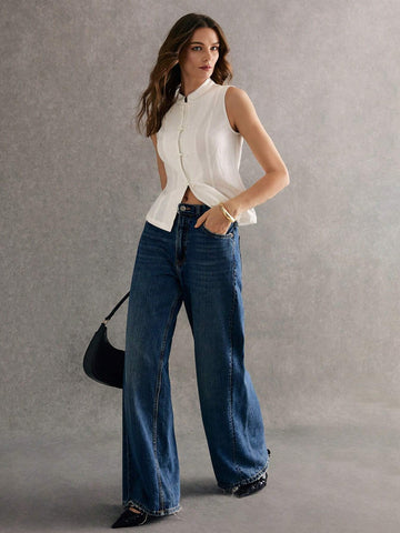 Women's Solid Color Front Button Sleeveless Tank Top, Casual Everyday Wear,New Chinese Style,2024 AW, Winter Clothes