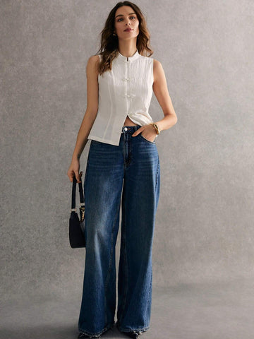 Women's Solid Color Front Button Sleeveless Tank Top, Casual Everyday Wear,New Chinese Style,2024 AW, Winter Clothes