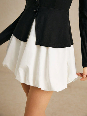 Poéselle Women's Solid Color Patchwork Front Button Long Sleeve Casual Mini Dress