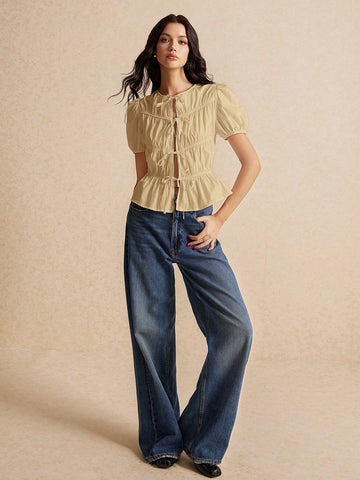 Women's Solid Color Simple Everyday Lace Up Sleeve Bubble Sleeve Shirt,