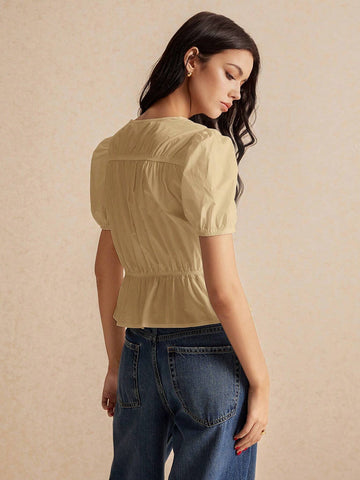 Women's Solid Color Simple Everyday Lace Up Sleeve Bubble Sleeve Shirt,