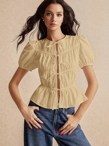 Women's Solid Color Simple Everyday Lace Up Sleeve Bubble Sleeve Shirt,