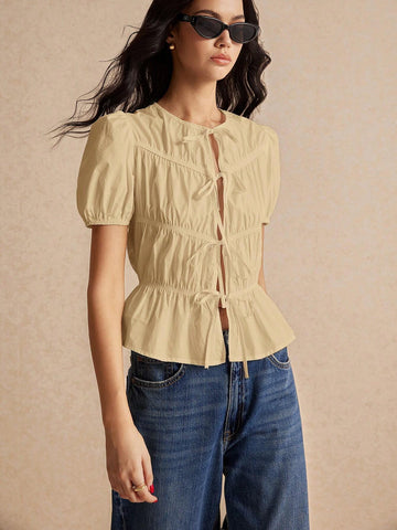 Women's Solid Color Simple Everyday Lace Up Sleeve Bubble Sleeve Shirt,