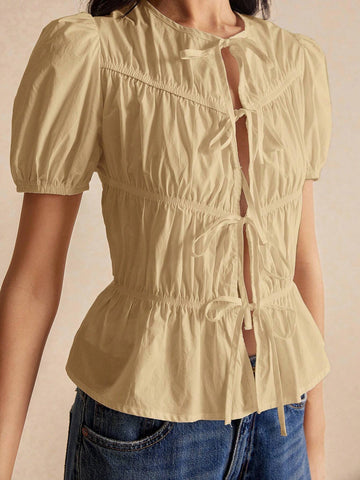 Women's Solid Color Simple Everyday Lace Up Sleeve Bubble Sleeve Shirt,