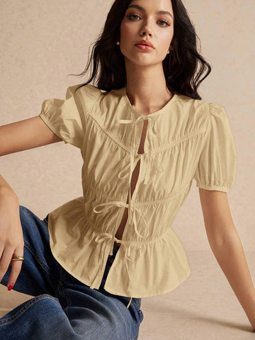 Women's Solid Color Simple Everyday Lace Up Sleeve Bubble Sleeve Shirt,