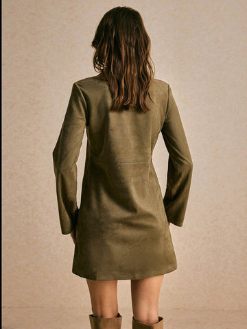 Poéselle Women's Solid Color V-Neck Lace-Up Long Sleeve Mini Dress