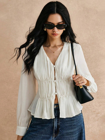 Women's Solid Color V-Neck Long Sleeve Ruffle Elegant Blouse,