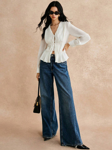 Women's Solid Color V-Neck Long Sleeve Ruffle Elegant Blouse,