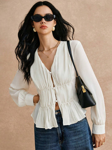 Women's Solid Color V-Neck Long Sleeve Ruffle Elegant Blouse,