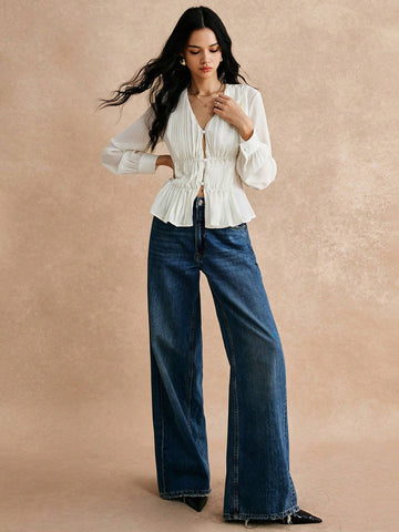 Women's Solid Color V-Neck Long Sleeve Ruffle Elegant Blouse,