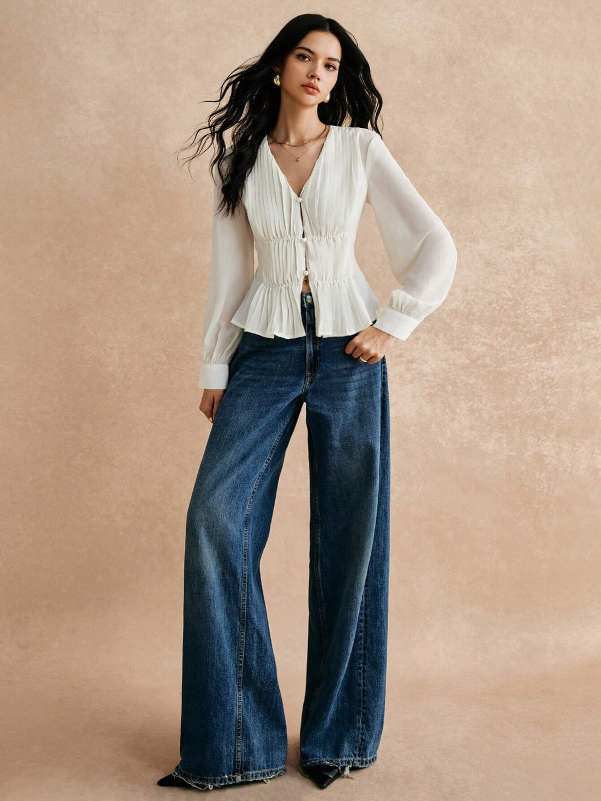 Women's Solid Color V-Neck Long Sleeve Ruffle Elegant Blouse,