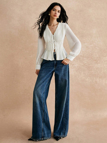 Women's Solid Color V-Neck Long Sleeve Ruffle Elegant Blouse,