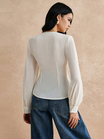 Women's Solid Color V-Neck Long Sleeve Ruffle Elegant Blouse,