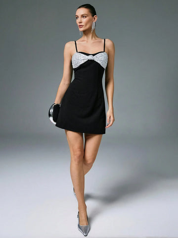 Poéselle Women's Spaghetti Strap Bow Decor Casual Short Dress