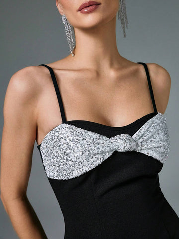 Poéselle Women's Spaghetti Strap Bow Decor Casual Short Dress