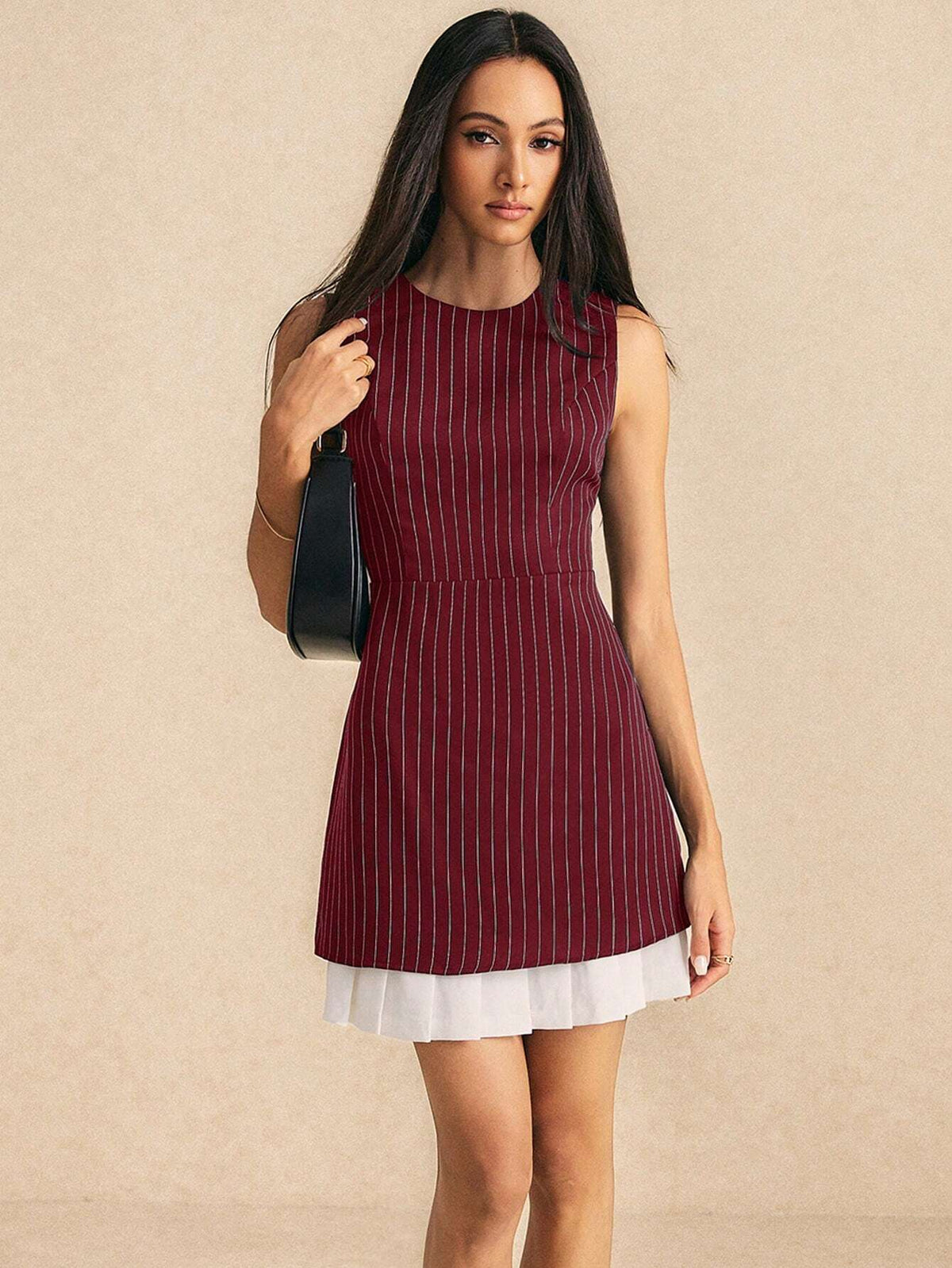 Poéselle Women's Striped Contrast Hem Round Neck Sleeveless Work Dress