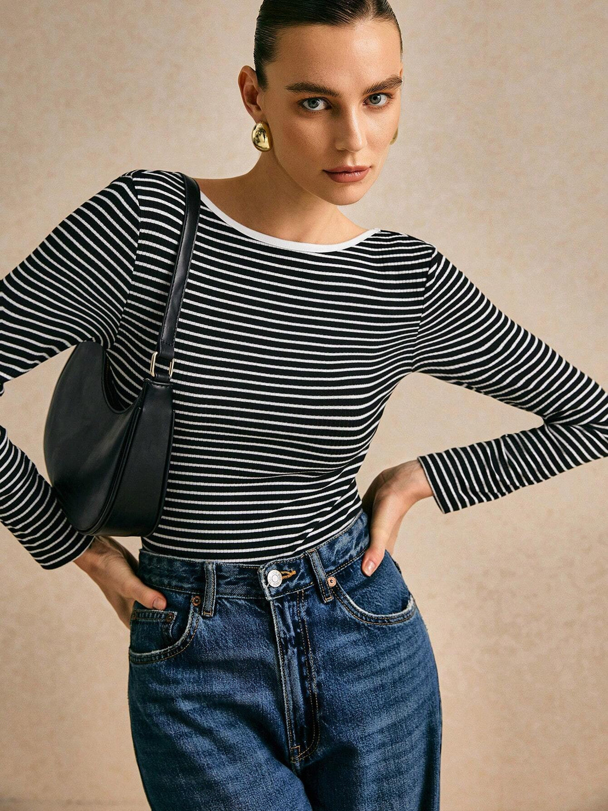 Poéselle Women's Striped Round Neck Long Sleeve Casual Bodysuit, Spring Autumn