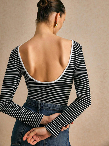 Poéselle Women's Striped Round Neck Long Sleeve Casual Bodysuit, Spring Autumn