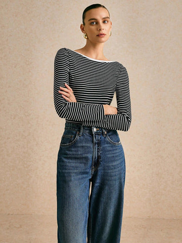 Poéselle Women's Striped Round Neck Long Sleeve Casual Bodysuit, Spring Autumn