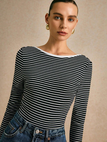 Poéselle Women's Striped Round Neck Long Sleeve Casual Bodysuit, Spring Autumn