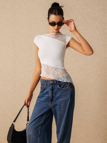 Women's Summer Slim Fit Asymmetric Lace Short Sleeve T-Shirt With Hem Splicing And Flutter Design,