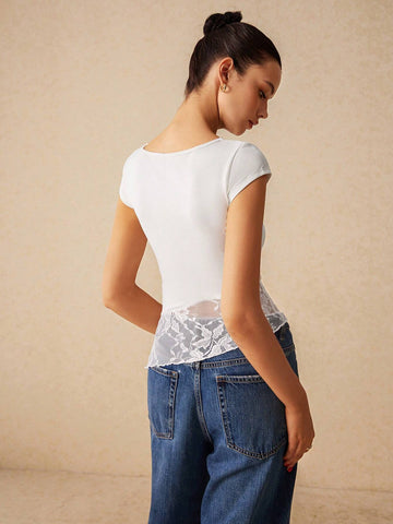 Women's Summer Slim Fit Asymmetric Lace Short Sleeve T-Shirt With Hem Splicing And Flutter Design,
