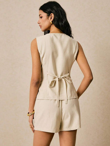 Poéselle Women'stwo Piece Sets Linen Suits Shorts Suits Tie-Back Waist Vest And Shorts Casual Suits Apricot Suits 2pcs/Set Women Solid Color Sleeveless Top Summer Women Outfit Boho Y2k Short Women Sets Summer Women Sets