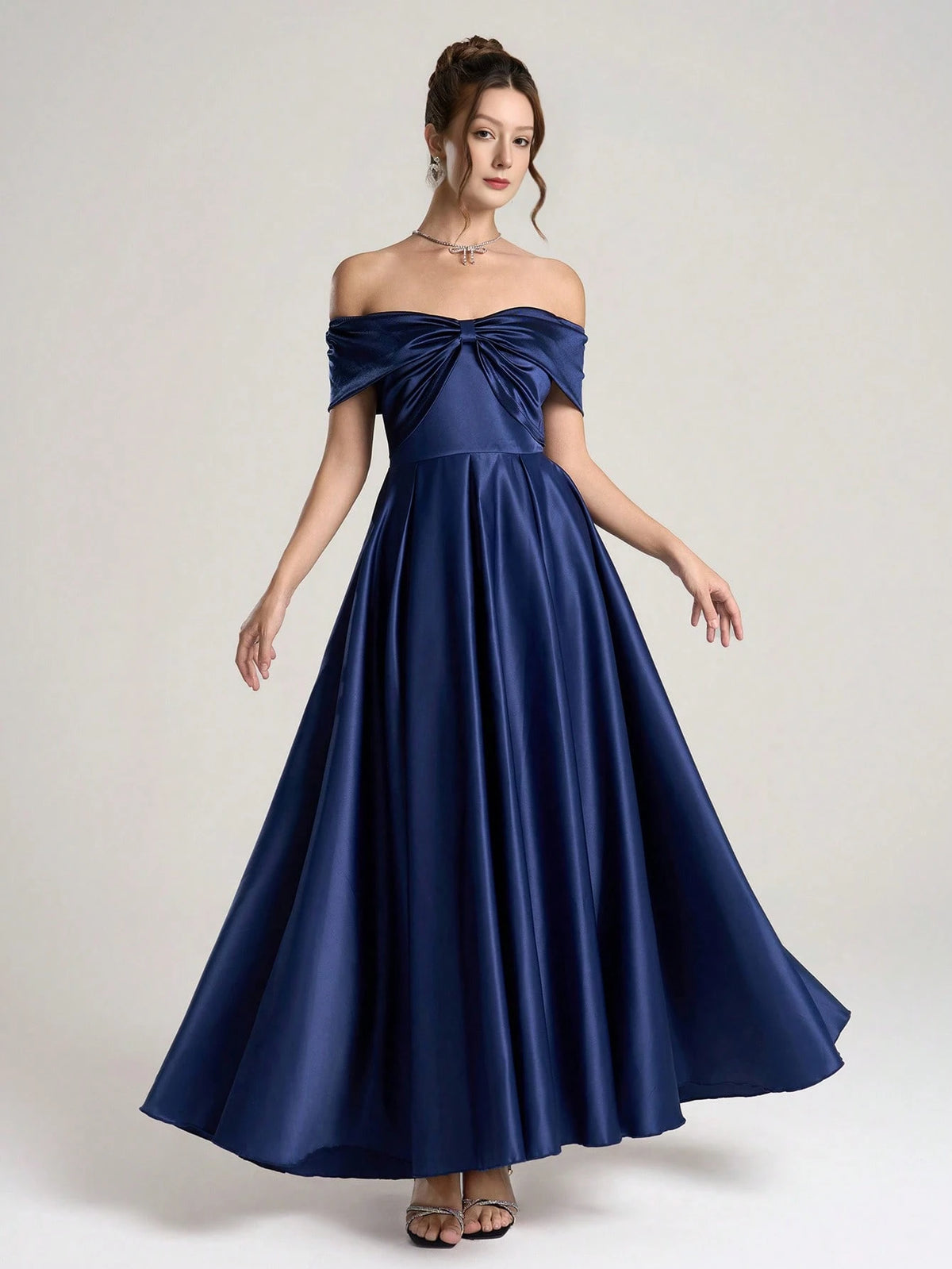 Poshira 1pc Women Woven Off Shoulder Ruched Waist Flared Hem Maxi Evening Dress, Blue