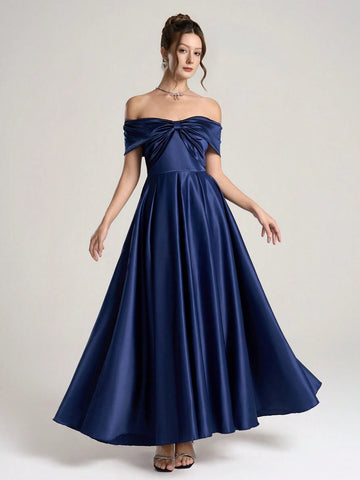 Poshira 1pc Women Woven Off Shoulder Ruched Waist Flared Hem Maxi Evening Dress, Blue