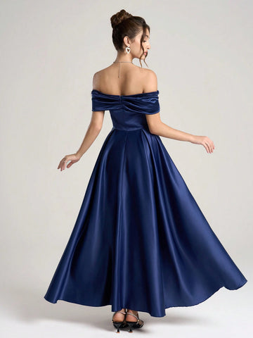 Poshira 1pc Women Woven Off Shoulder Ruched Waist Flared Hem Maxi Evening Dress, Blue