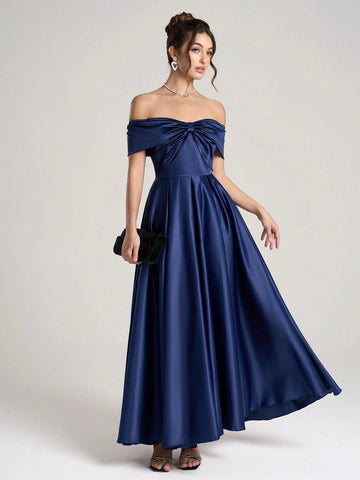 Poshira 1pc Women Woven Off Shoulder Ruched Waist Flared Hem Maxi Evening Dress, Blue