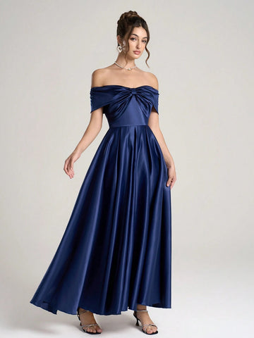 Poshira 1pc Women Woven Off Shoulder Ruched Waist Flared Hem Maxi Evening Dress, Blue