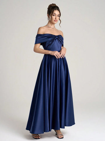 Poshira 1pc Women Woven Off Shoulder Ruched Waist Flared Hem Maxi Evening Dress, Blue