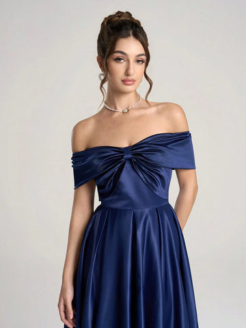 Poshira 1pc Women Woven Off Shoulder Ruched Waist Flared Hem Maxi Evening Dress, Blue