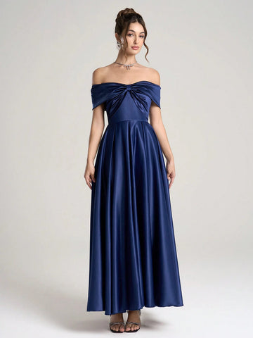 Poshira 1pc Women Woven Off Shoulder Ruched Waist Flared Hem Maxi Evening Dress, Blue