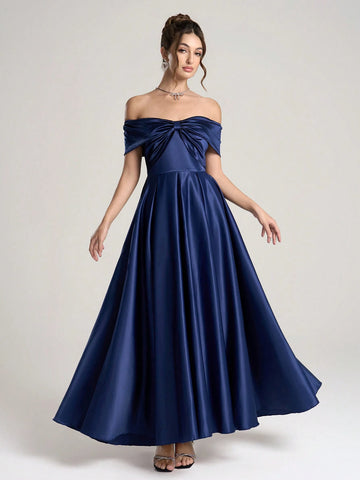 Poshira 1pc Women Woven Off Shoulder Ruched Waist Flared Hem Maxi Evening Dress, Blue