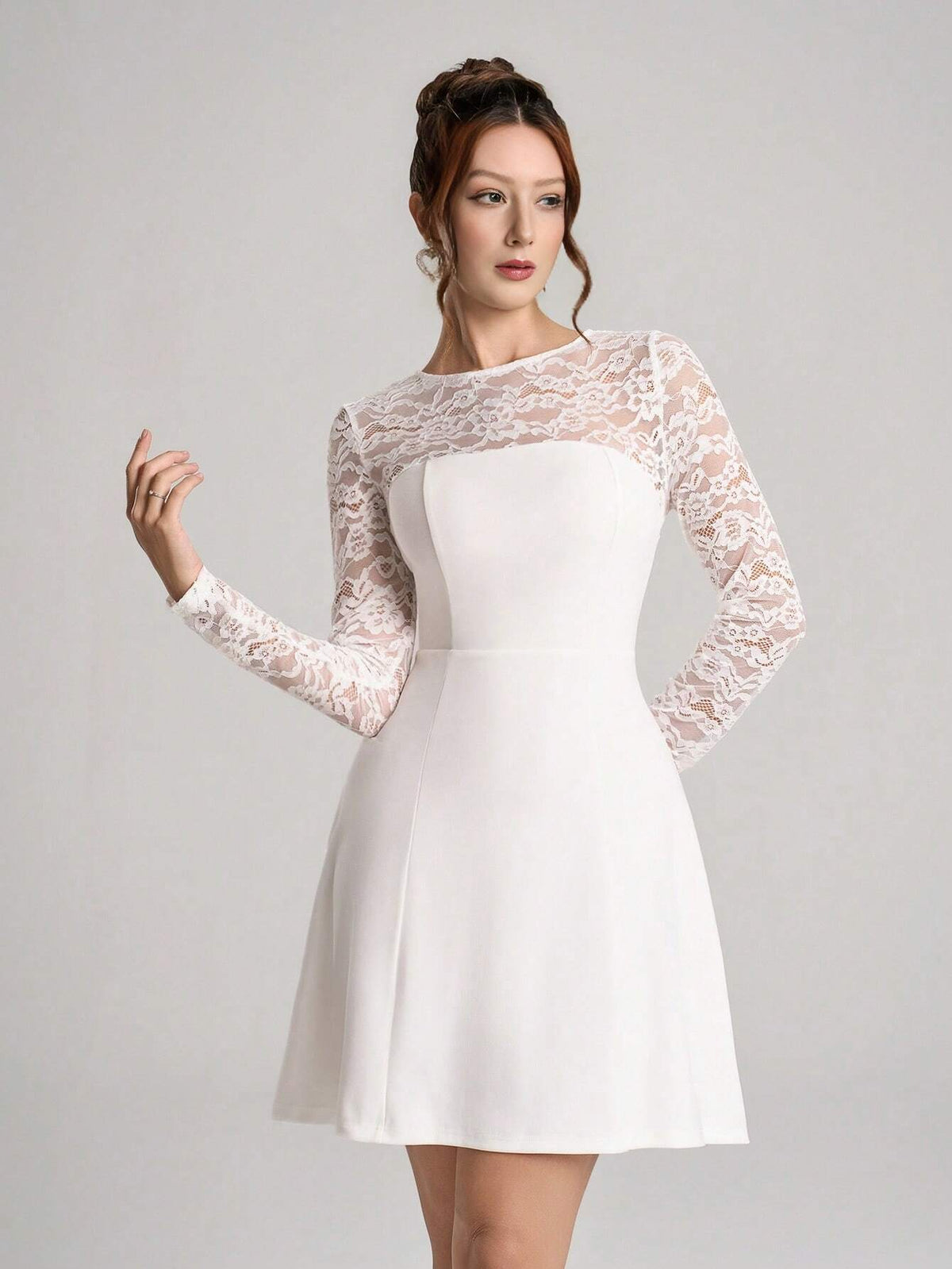 Poshira Elegant Long Sleeve Lace Patchwork Formal Gown, Heavy-Crafted Design